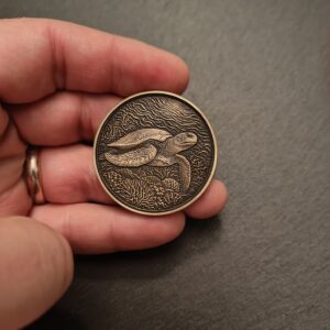 Pièce en Laiton avec une Tortue tenue dans une main